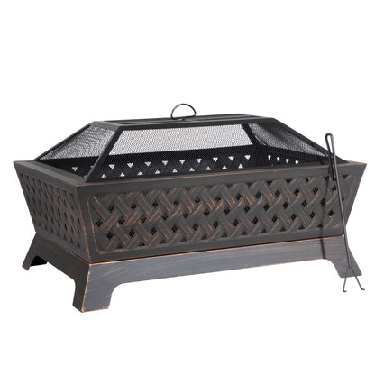 Dellonda DG44 89cm Rectangular Outdoor Fire Pit, Antique Bronze Effect | Safety Screen | Contemporary style rectangular fire pit is perfect for
