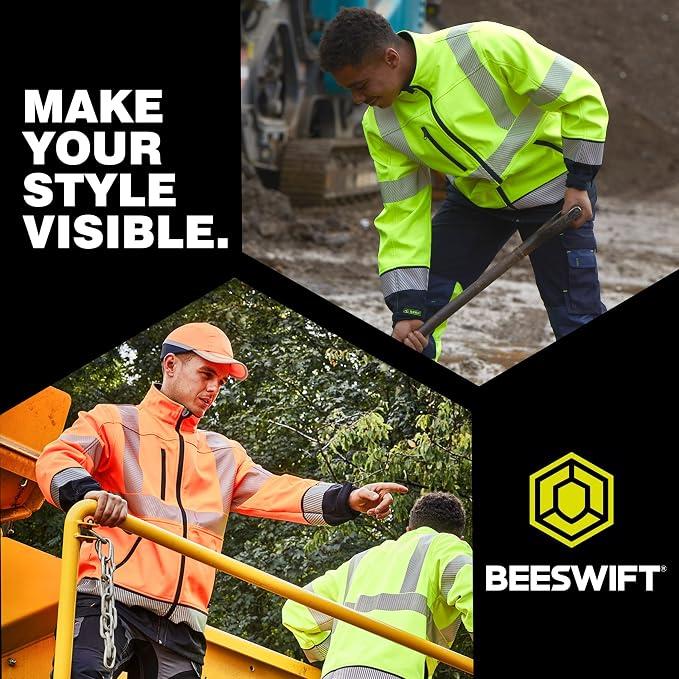 Beeswift Deltic Hi Vis Softshell Jacket Colour Size Options Windproof Breathable Fleece Backed Workwear with Reflective Tape and Zipped Pockets