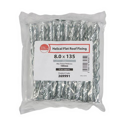 TIMCO Helical Flat Roof Fixing Zinc 8.0 x 135 Silver Pack 25