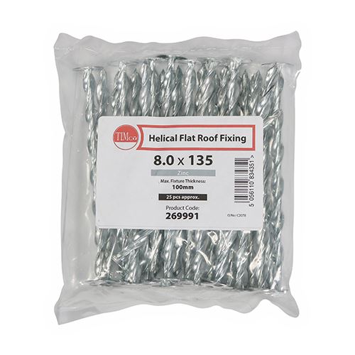 TIMCO Helical Flat Roof Fixing Zinc 8.0 x 135 Silver Pack 25