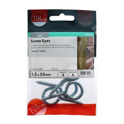 TIMCO Screw Eyes - BZP 55mm Silver Pack 4