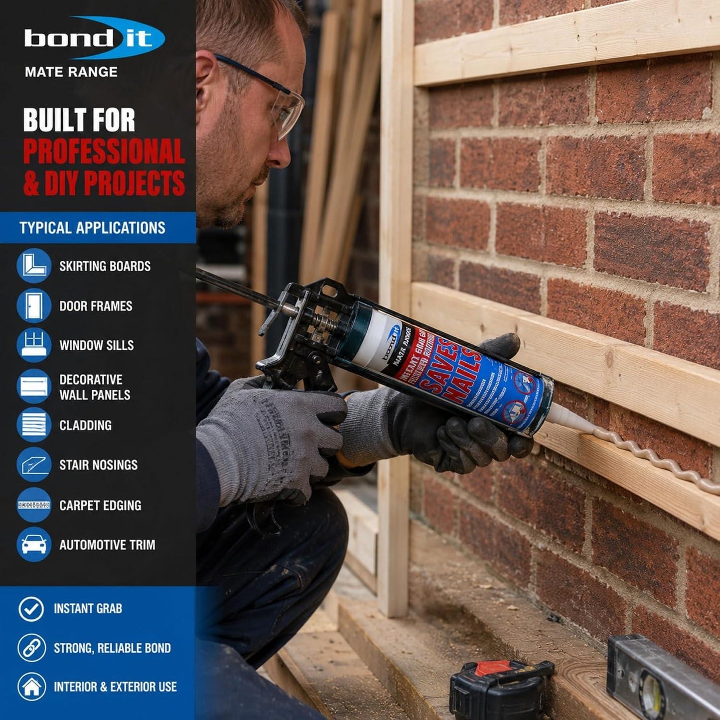 Bond It Saves Nails Solvent Free Grab Adhesive – High Strength Gap Filling Construction Adhesive for Wood, Brick, Concrete and Plasterboard