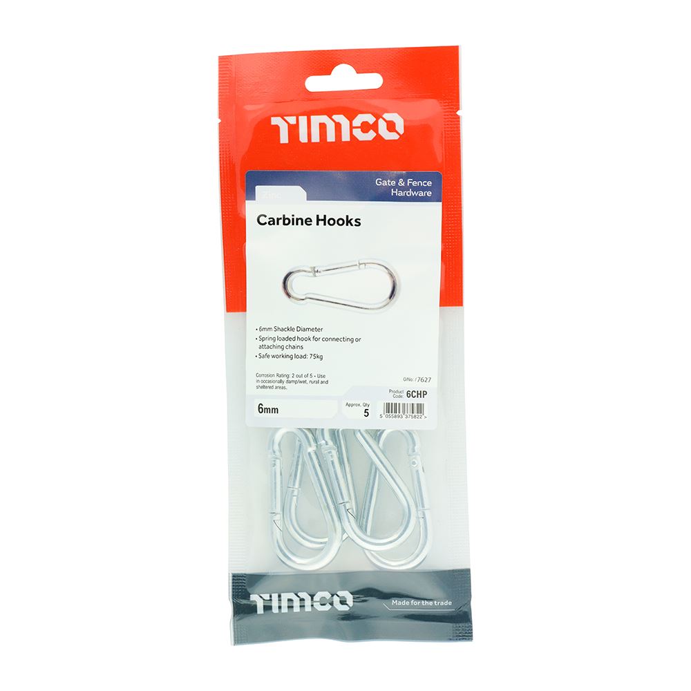 TIMCO Carbine Hook Zinc 6mm Silver Pack 5