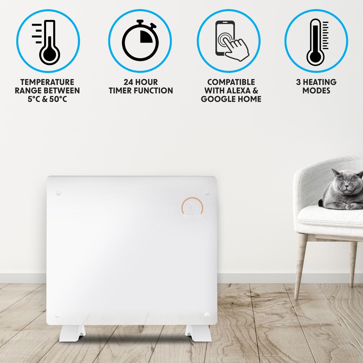 Baridi DH136 Electric Glass Panel Heater 1000W/230V - DH136 | White, 230V 50Hz, Thermostat, Tip-Over Switch | Add the heater to either the TUYA or