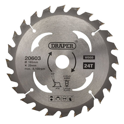 20603 Draper TCT Circular Saw Blade for Wood, 165 x 20mm, 24T SBW1 Circular Saw Blades Steel with TCT teeth Professional Trade DIY Workshop Garage U