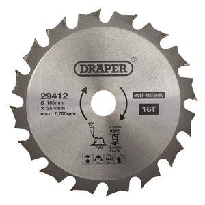 Draper TCT SAW BLADE 185MM 16T MULTI 29412 TCT Multi-Purpose Circular Saw Blade, 185 x 25.4mm