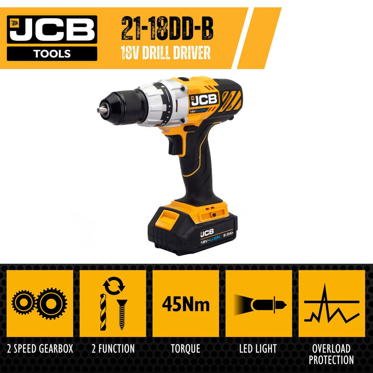JCB 21-18DD-2XB Drill Driver 2.0Ah 2.4A 18V Cordless Drill Screwdriver
