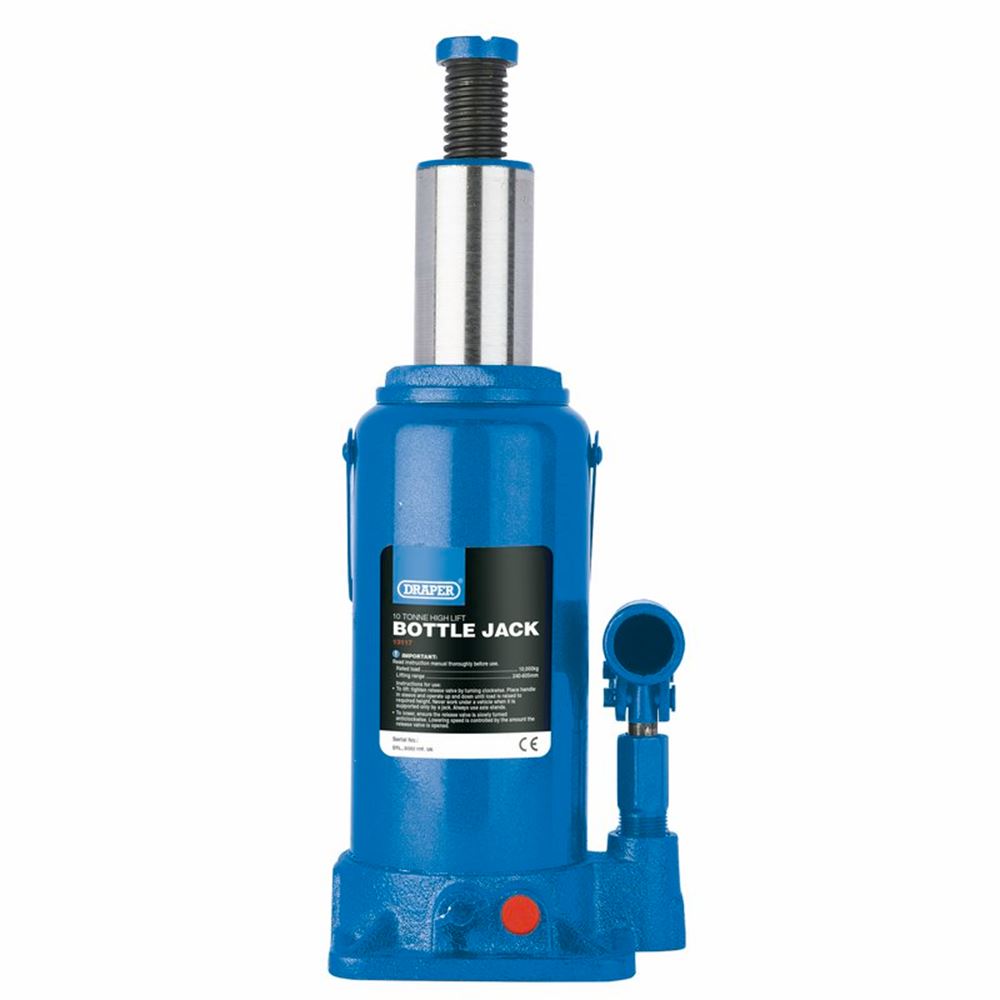 13117 Draper High Lift Hydraulic Bottle Jack, 10 Tonne BJ10HL-B Bottle Jacks Professional Trade DIY Workshop Garage Use