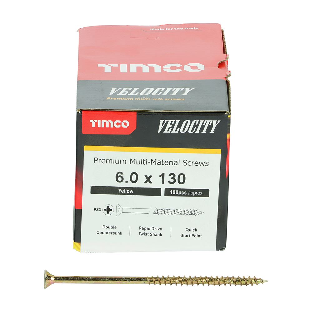 TIMCO Velocity Screw PZ3 CSK ZYP 6.0 x 130 Gold Pack 100