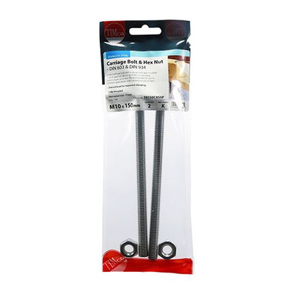 TIMCO Carriage Bolt & Hex Nut -A2 SS M10 x 150 Pack 2