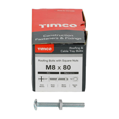 TIMCO Roofing Bolt & SQ Nut Zinc M8 x 80 Silver Pack 50