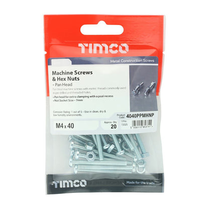TIMCO Machine Screw & Nut PAN - BZP M4 x 40 Silver Pack 20