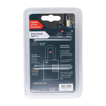 TIMCO Brass Combination Padlock 38mm Pack 1
