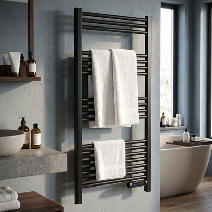 Baridi DH371 Electric Heated Towel Rail 1085 x 535mm with LED Display - Black | 425W, 230V - 50HZ, Overheat Protection | LED temperature display.