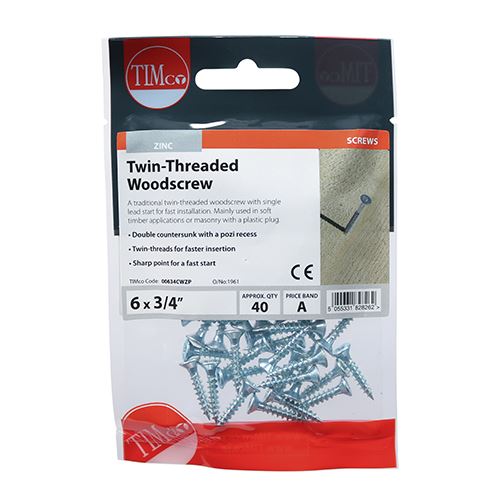 TIMCO Twin Woodscrew PZ2 CSK - BZP 6 x 3/4 Silver Pack 40