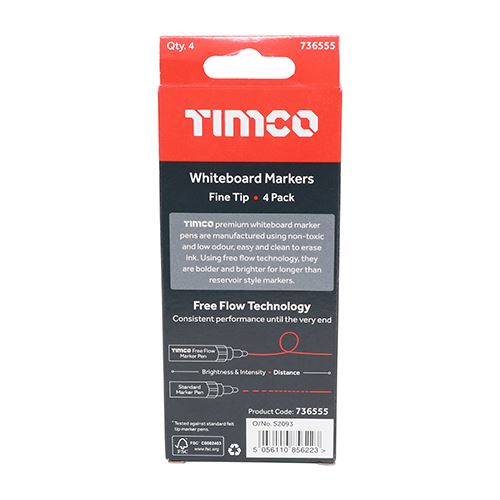 TIMCO Whiteboard Markers MIX Fine Tip Four Pack White Pack 4