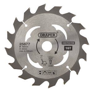 Draper TCT SAW BLADE 165MM 16T CONS 25877 TCT Cordless Construction Circular Saw Blade for Wood & Composites, 165 x 20mm