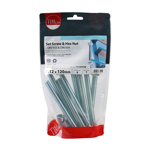 TIMCO Set Screw & Hex Nut - BZP M12 x 120 Silver Pack 8