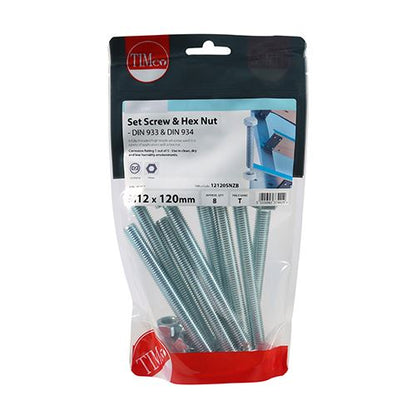 TIMCO Set Screw & Hex Nut - BZP M12 x 120 Silver Pack 8
