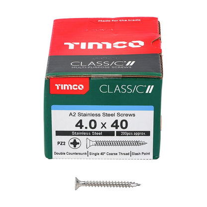 TIMCO Classic Screw PZ2 CSK A2 SS 4.0 x 40 Pack 200