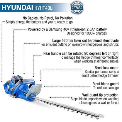 Hyundai HYHT40LI Cordless Hedge Trimmer 40V Li-Ion Battery & Charger Hedge Cutter Garden Trimmer Garden Hedge Cutter