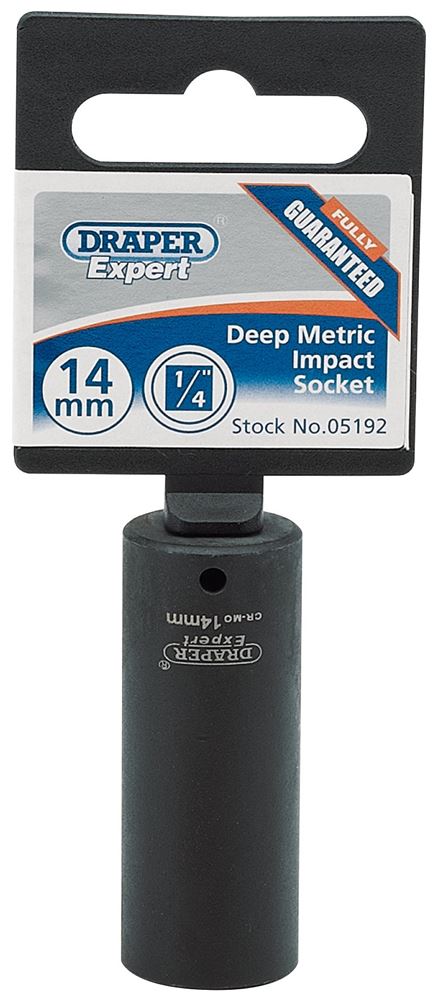 05192 Draper HI-TORQ 6 Point Deep Impact Socket, 1/4 Sq. Dr., 14mm 406D-MM 1/4 Impact Sockets Professional Trade DIY Workshop Garage Use