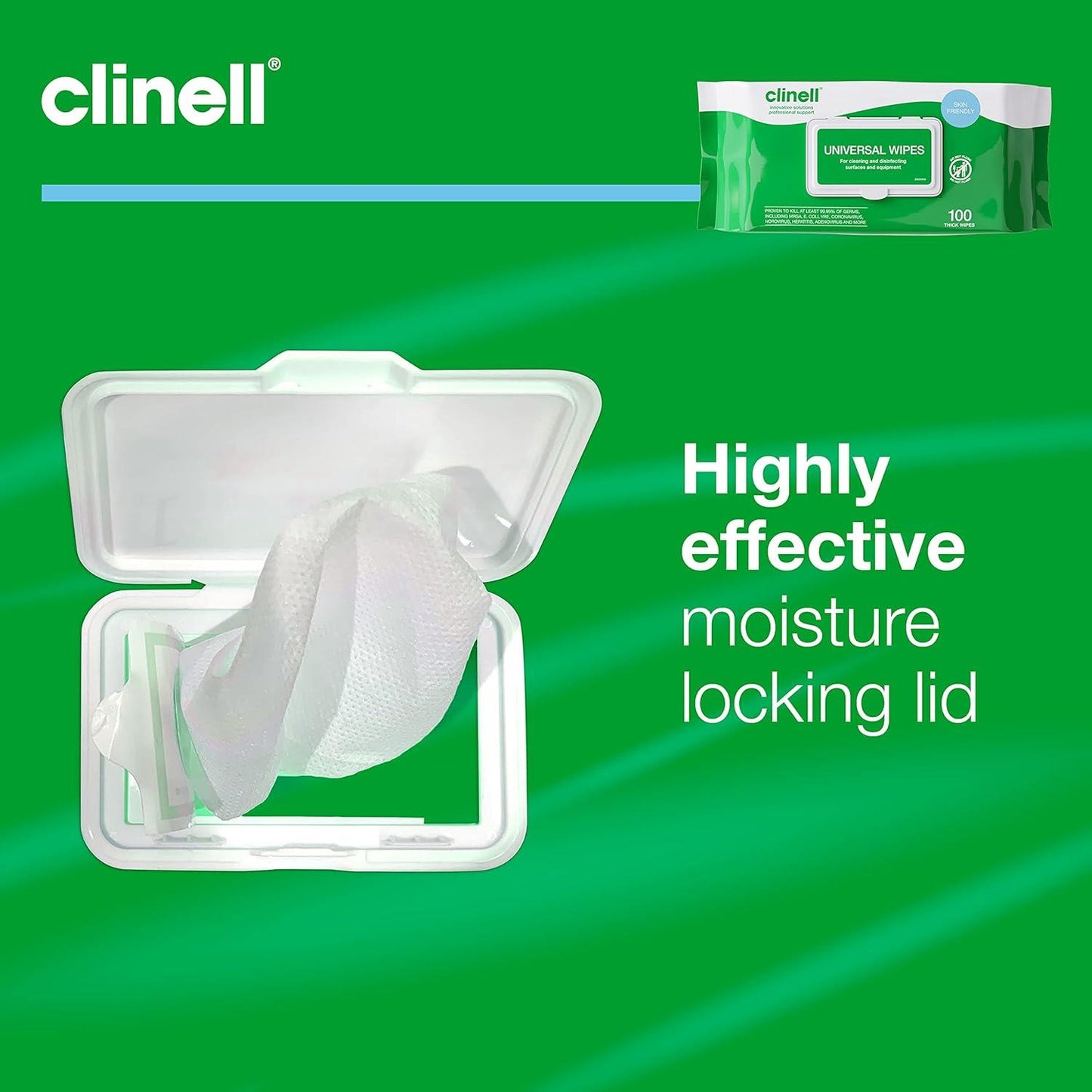 Clinell Universal Wipes White Pack of 100 Antibacterial Cleaning and Disinfectant Wipes for Hands Surfaces Equipment Healthcare Workplace and Home Use