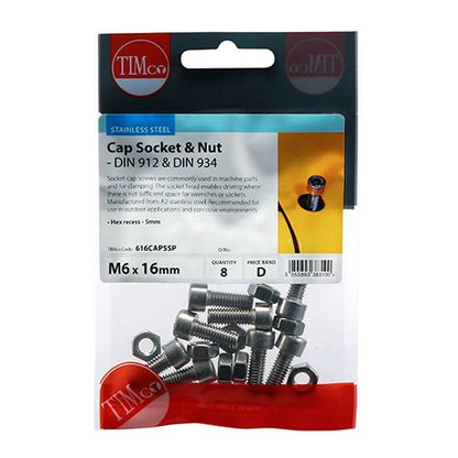 TIMCO Cap Socket & Nut - A2 SS M6 x 16 Pack 8