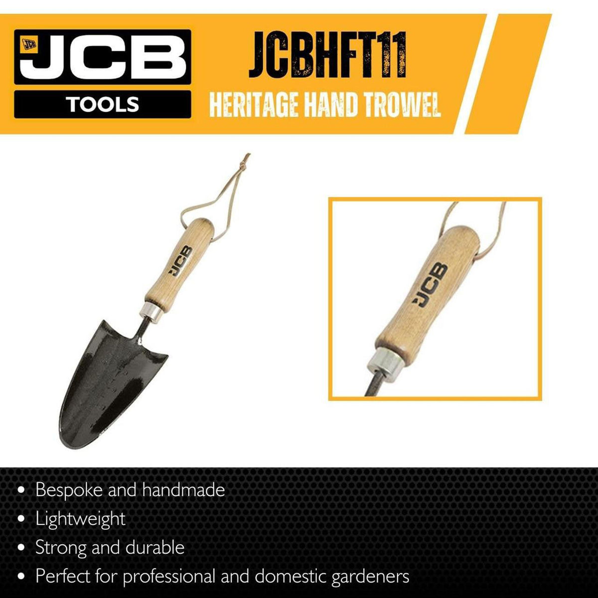 JCB JCBHFT11 Hand Trowel 80x170mm Blade Heavy Duty Steel Ash Handle Heritage Garden Hand Trowel Planting Trowel