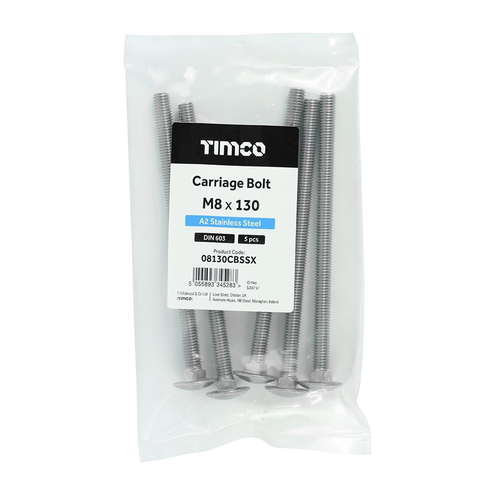 TIMCO Carriage Bolt DIN 603 A2 SS M8 x 130 Pack 5
