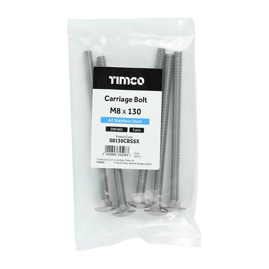 TIMCO Carriage Bolt DIN 603 A2 SS M8 x 130 Pack 5