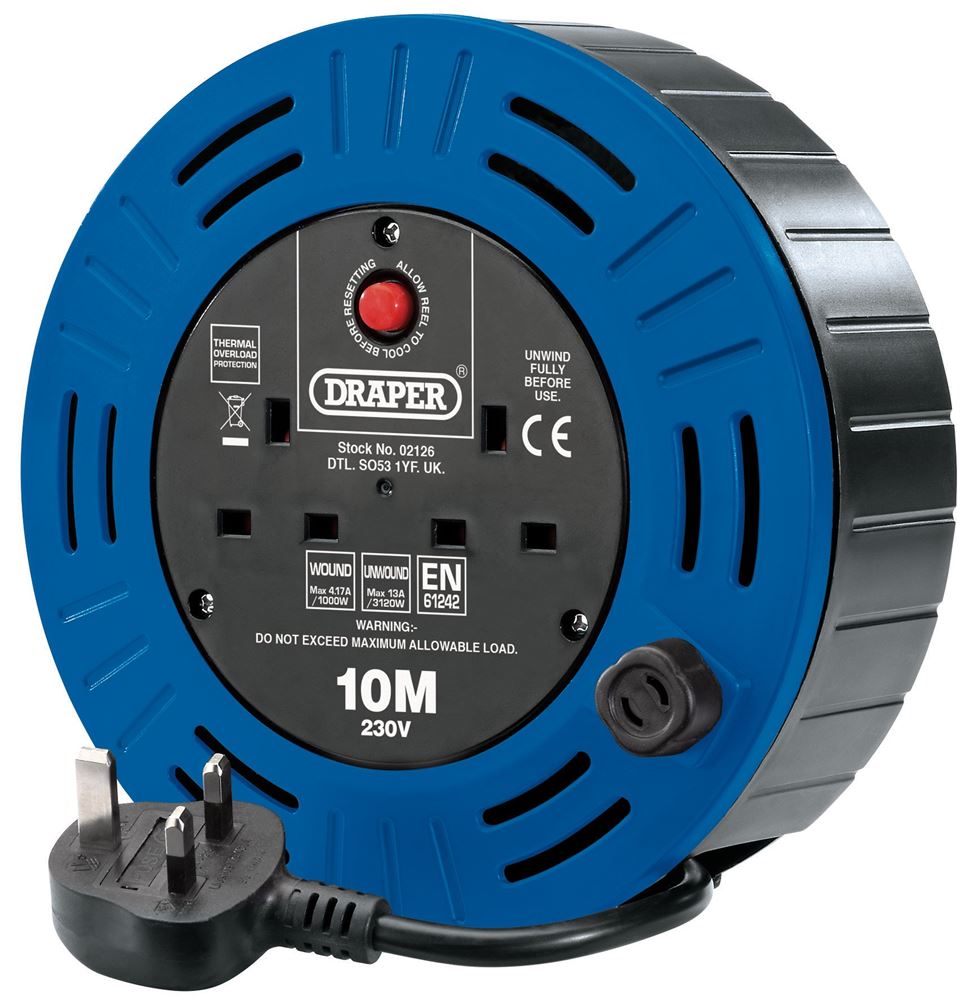 02126 Draper 230V Twin Socket Cable Reel, 10m DCR1010D Extension Leads Professional Trade DIY Workshop Garage Use