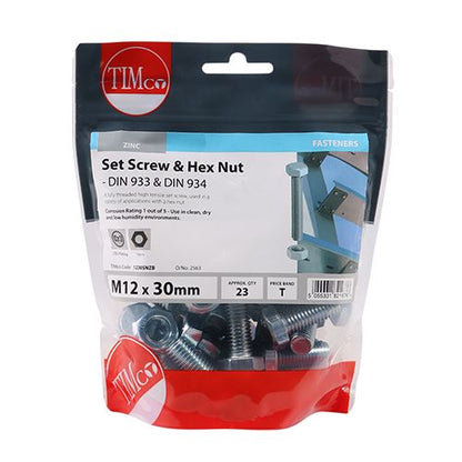 TIMCO Set Screw & Hex Nut - BZP M12 x 30 Silver Pack 23