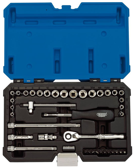 16464 Draper Expert Expert Combined MM/AF Socket Set, 1/4 Sq. Dr. (40 Piece) B40AMN/B Polished Chrome Socket Sets Professional Trade DIY Workshop Ga
