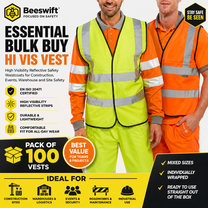 Beeswift Essential Bulk Buy Hi Vis Vest Pack of 100 High Visibility Reflective Safety Waistcoats for Construction Events Warehouse and Site Safety