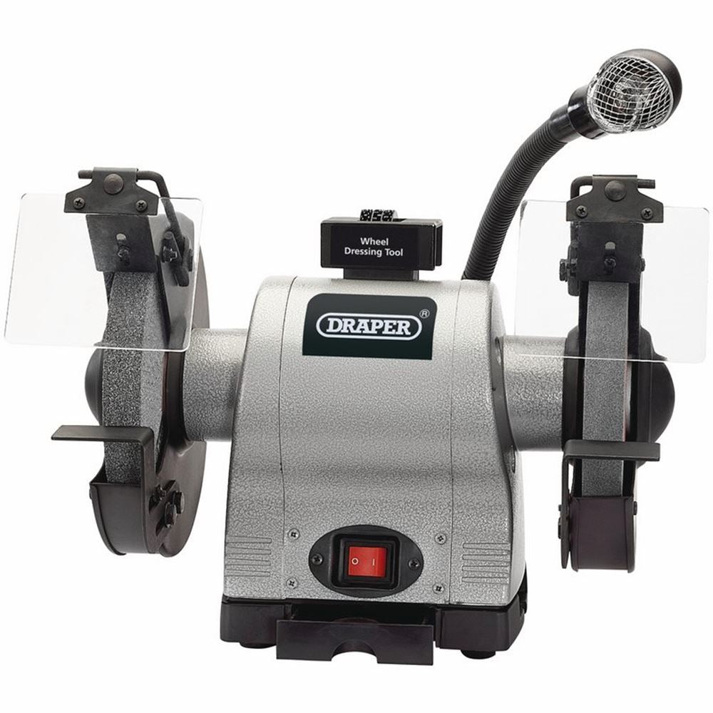 Draper 8H/D B/GRINDER C/W LIGHT 230V 05097 200mm Heavy Duty Bench Grinder with Worklight (550W)