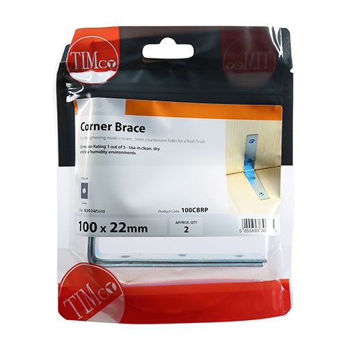 TIMCO Corner Brace - BZP 100 x 100 x 22 Silver Pack 2