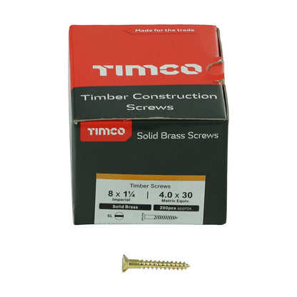 TIMCO Brass Timber Screw SLOT CSK 8 x 1 1/4 Pack 200