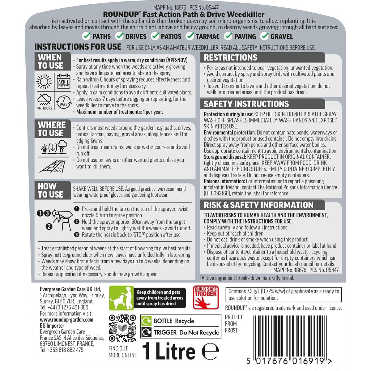 Roundup Path Weedkiller 1L Ready to Use Systemic Weed Killer for Paths Drives Patios 30m² Coverage