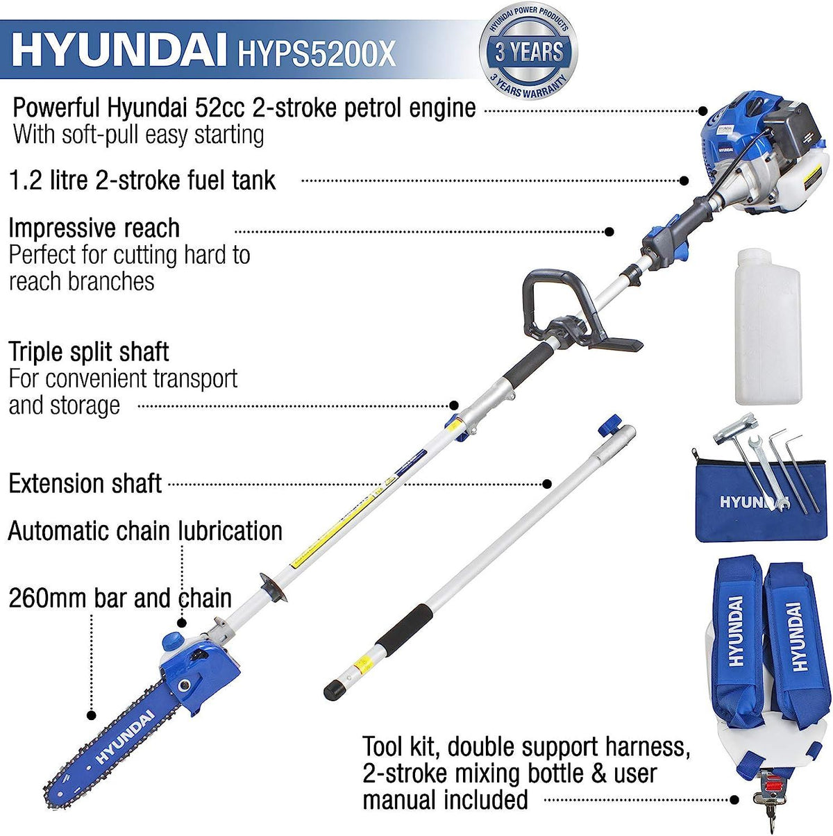 Hyundai HYPS5200X Petrol Pole Saw 52cc Long Reach Pruner Pole Pruner Long Reach Chainsaw