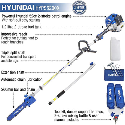 Hyundai HYPS5200X Petrol Pole Saw 52cc Long Reach Pruner Pole Pruner Long Reach Chainsaw