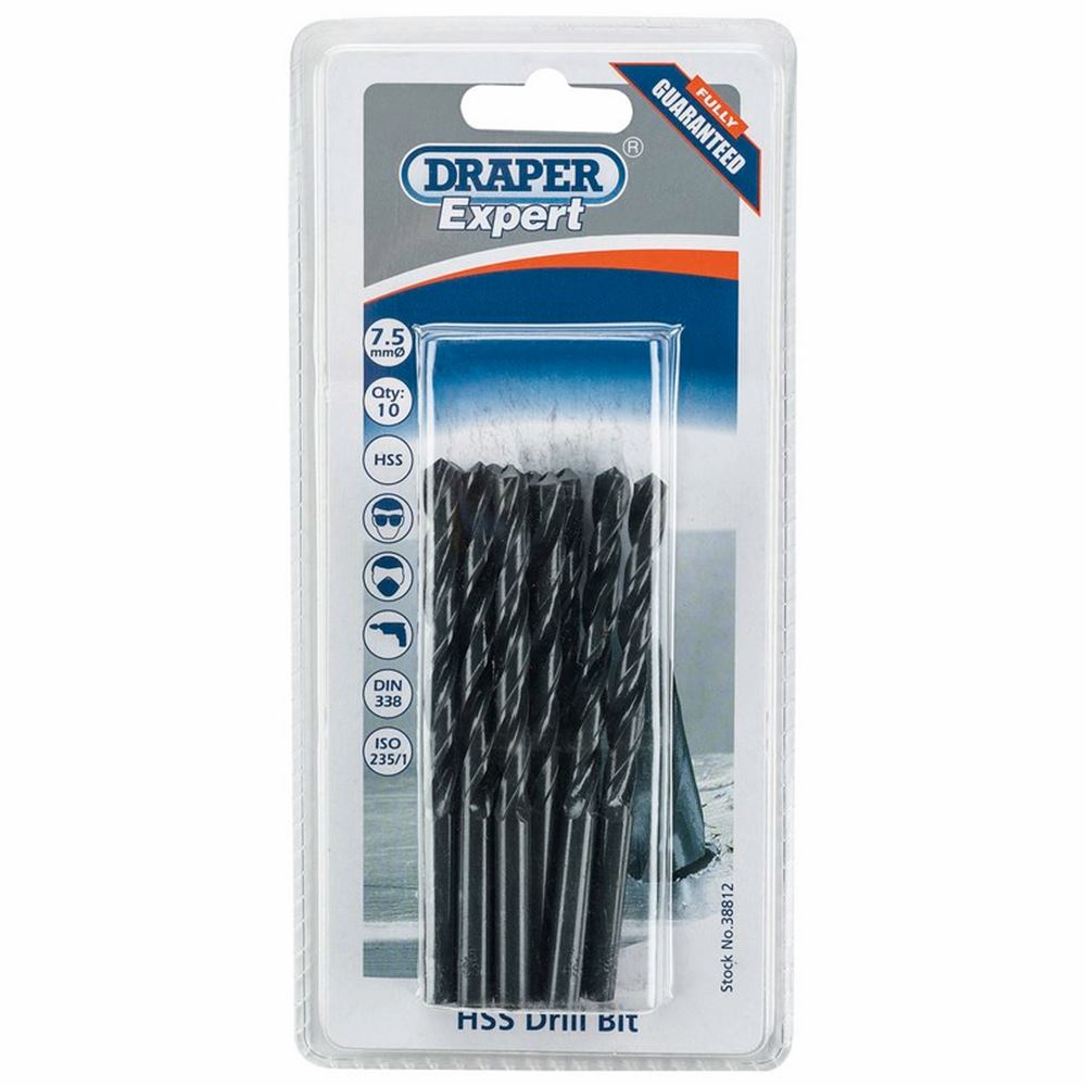 Draper 7.5MM HSS TWIST DRILL BOX 10 38812 Metric HSS Drill Bits (Pack of 10 or 5)