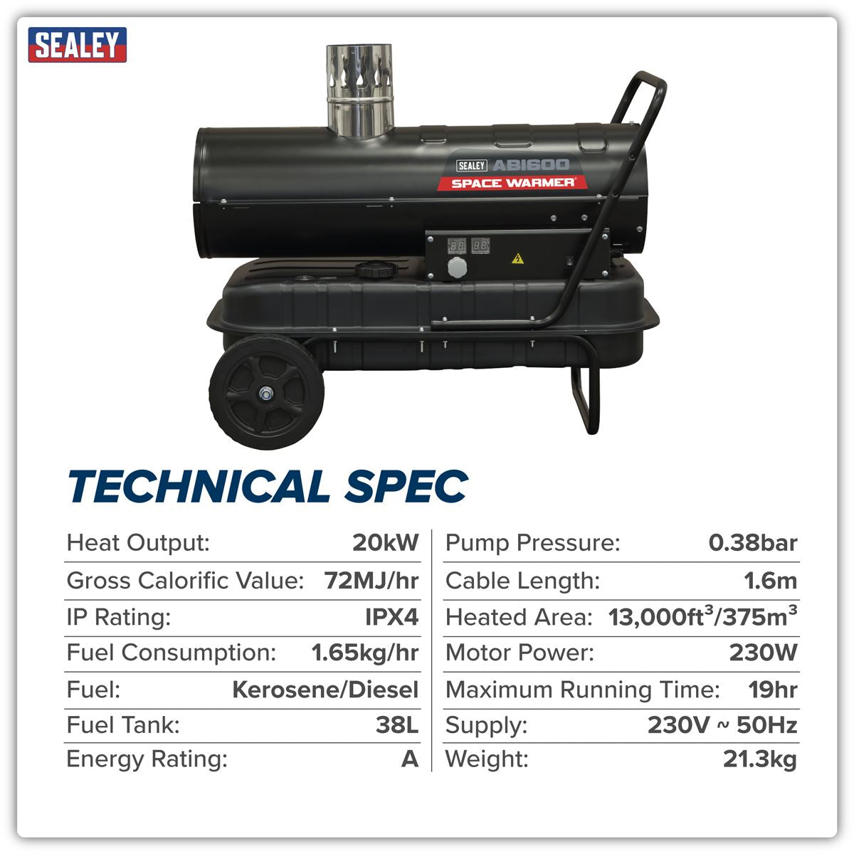 Sealey ABI600 Space Warmer Indirect Kerosene/Diesel Heater with Wheels 68,000Btu/hr | 68,242Btu/hr(20kW), 230V ~ 50Hz, Thermostat, Wheels