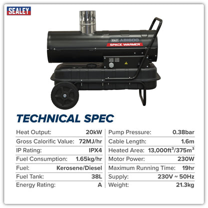 Sealey ABI600 Space Warmer Indirect Kerosene/Diesel Heater with Wheels 68,000Btu/hr | 68,242Btu/hr(20kW), 230V ~ 50Hz, Thermostat, Wheels