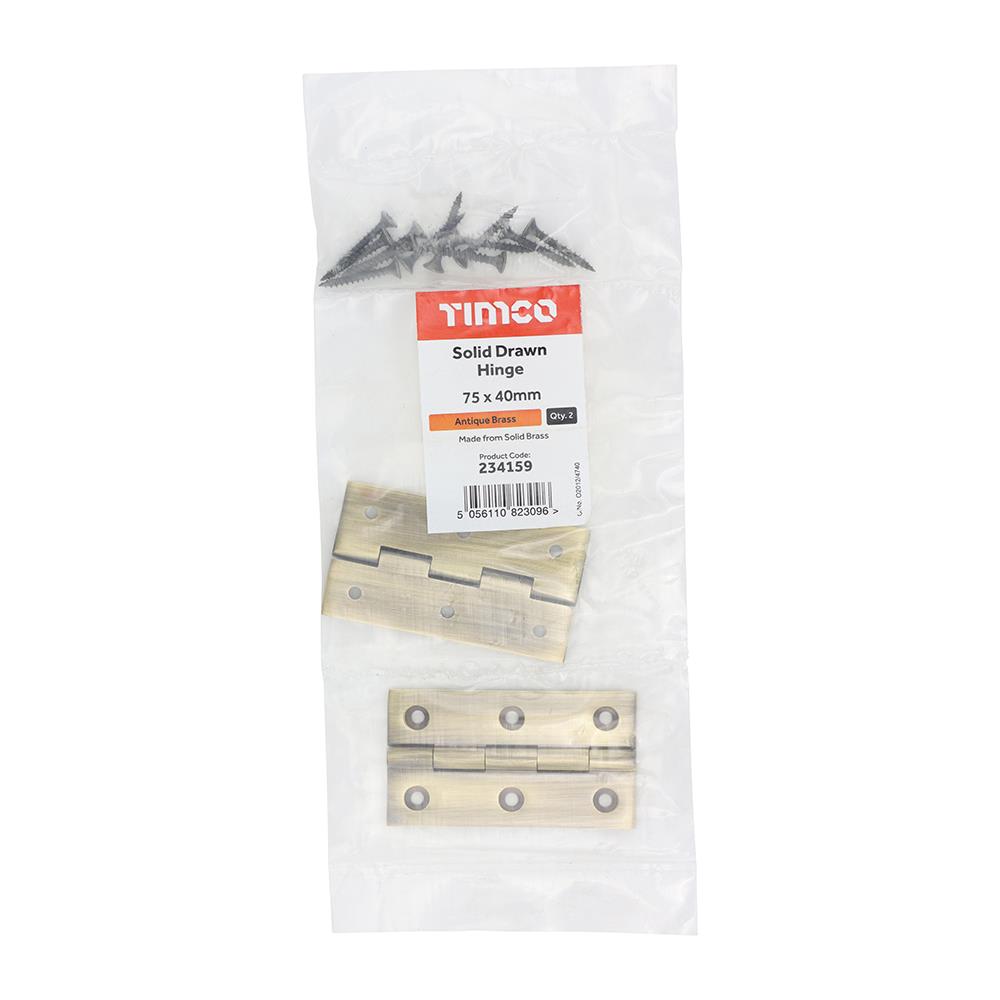 TIMCO Solid Drawn Hinge A/Brass 75 x 40 Pack 2