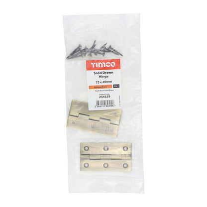 TIMCO Solid Drawn Hinge A/Brass 75 x 40 Pack 2