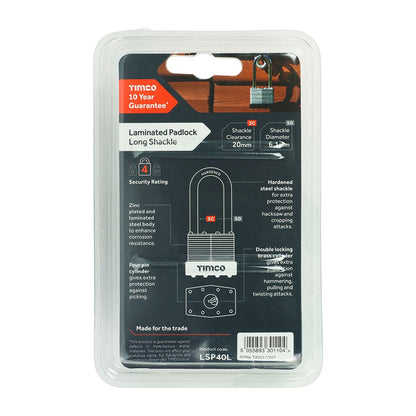 TIMCO Long Shackle Laminated Padlock 40mm Pack 1
