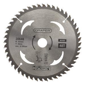 Draper TCT SAW BLADE 165MM 48T WOOD 20646 TCT Circular Saw Blades for Wood 165 x 20mm
