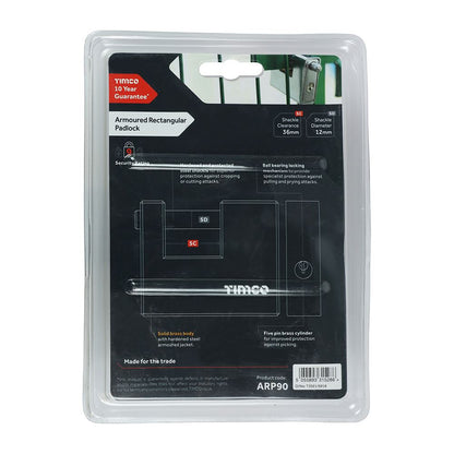 TIMCO Armoured Rectangle Padlock 90mm Red Pack 1