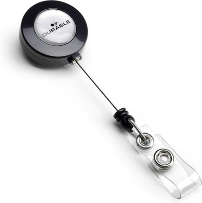 Durable Retractable Badge Reel ID Card Key Holder Black Pack of 10 | Durable Badge Reel for Office, Warehouse and Workplace Use